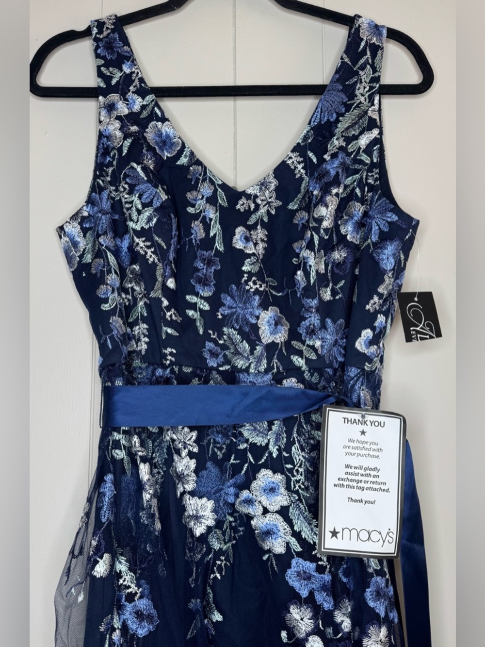 Alex Evenings Navy Blue Floral Midi Dress with Satin Ribbon - Picture 4 of 14